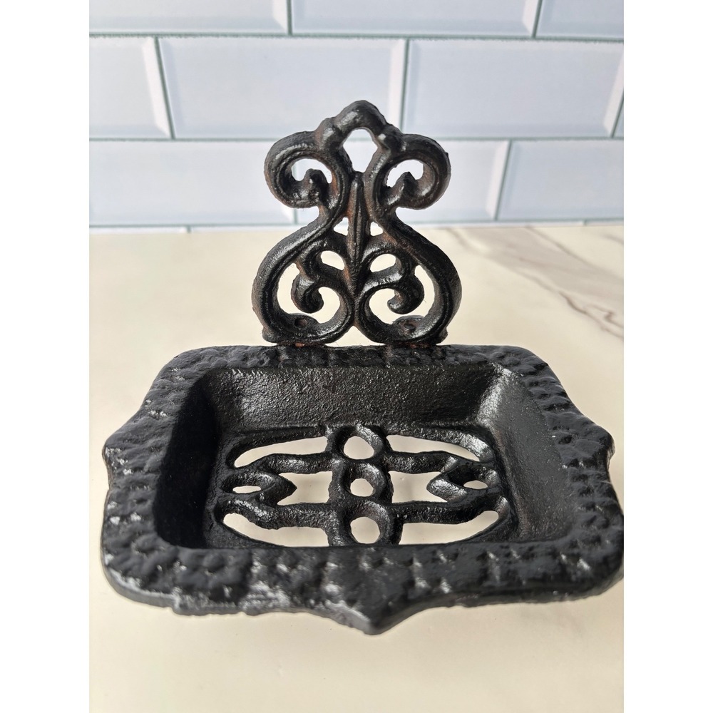 Cast Iron Soap Dish Fleur De Lis Scrollwork Black Metal Footed Holder